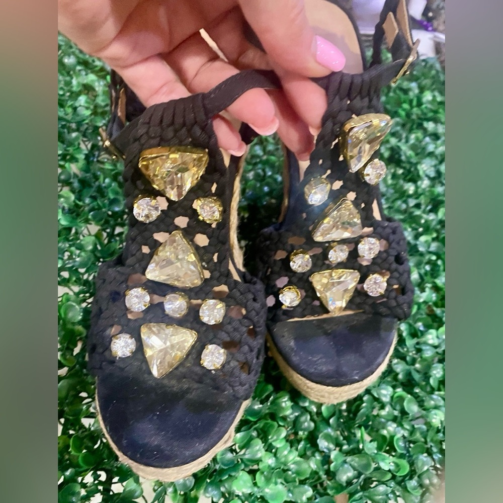 Boston Proper Black Braided Rhinestone Wedge Sandals Sz 6 – 5” Heel, 1” Platform